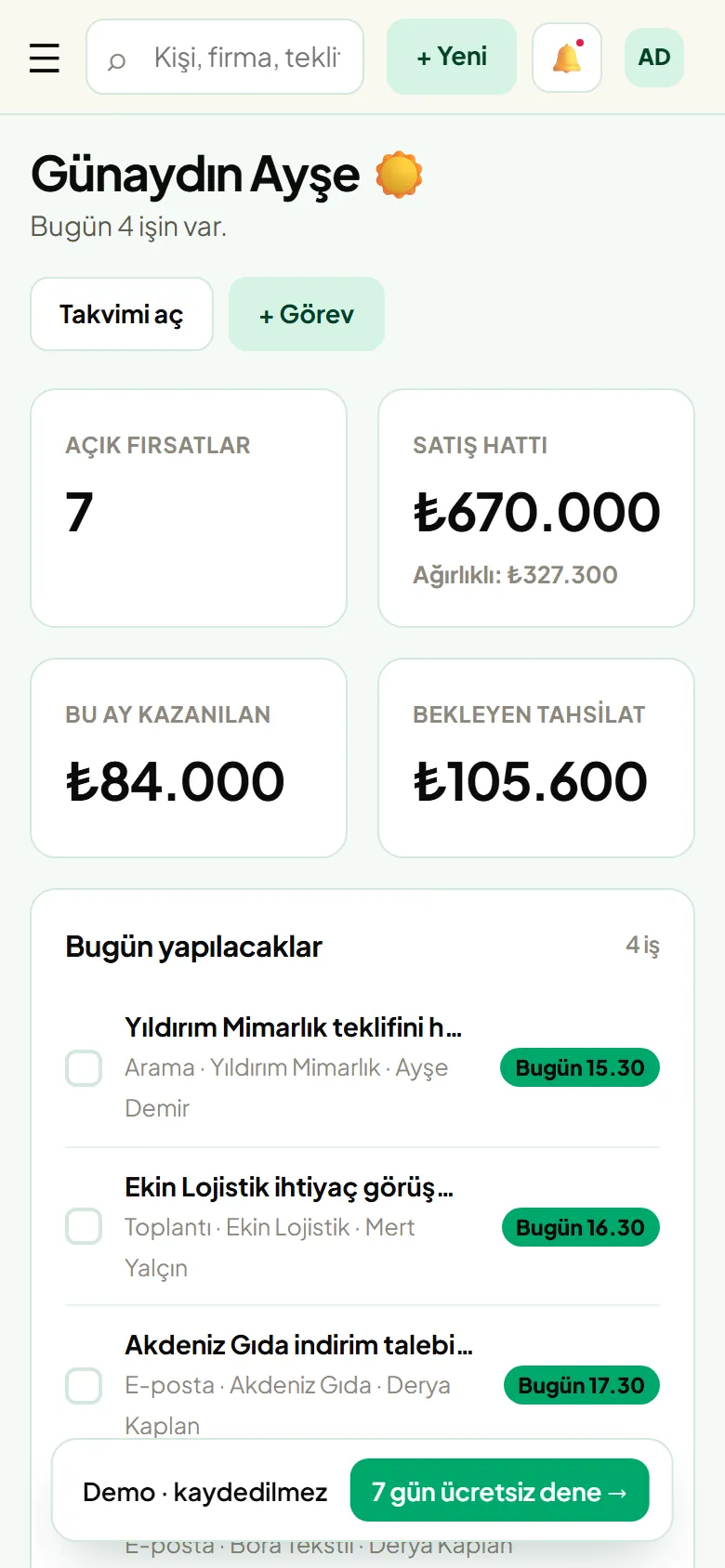 Telefonda CRM Budur Bugün ekranı